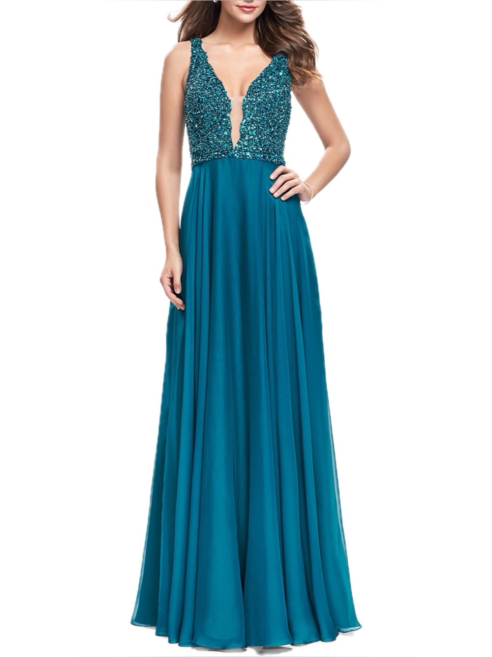La Femme Beaded V Neck Prom Dress in Dark Teal